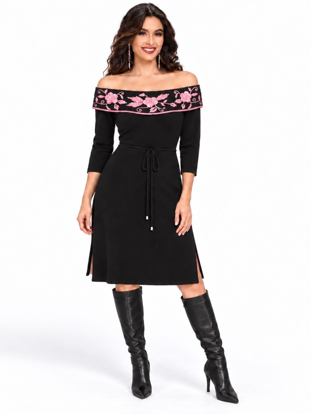 BCBGMAXAZRIA Black Pink Embroidered Off Shoulder Knit Dress M